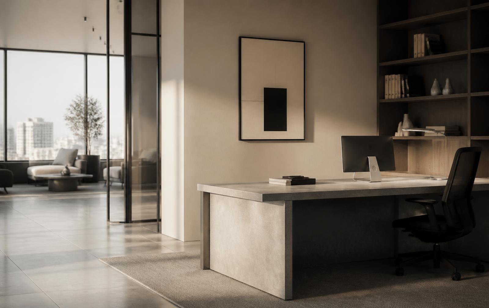 Bureau contemporain lumineux aux tons neutres
